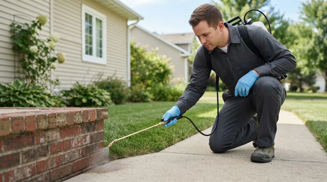Pest control technician treating a home near Neotsu, OR